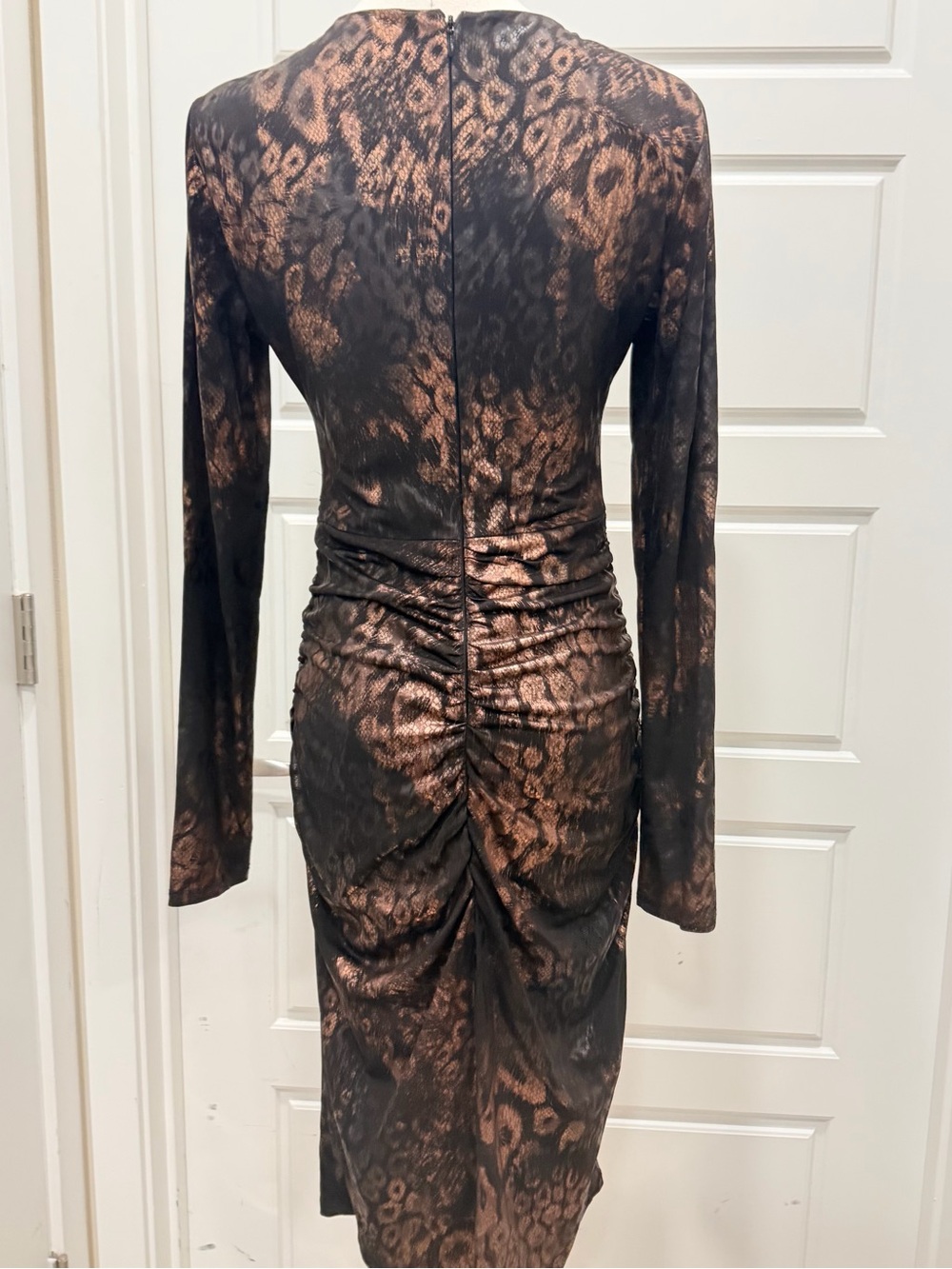 Guess Metallic Leopard Print Long Sleeve V-Neck Ruched Dress - Copper/Black - Picture 3 of 7